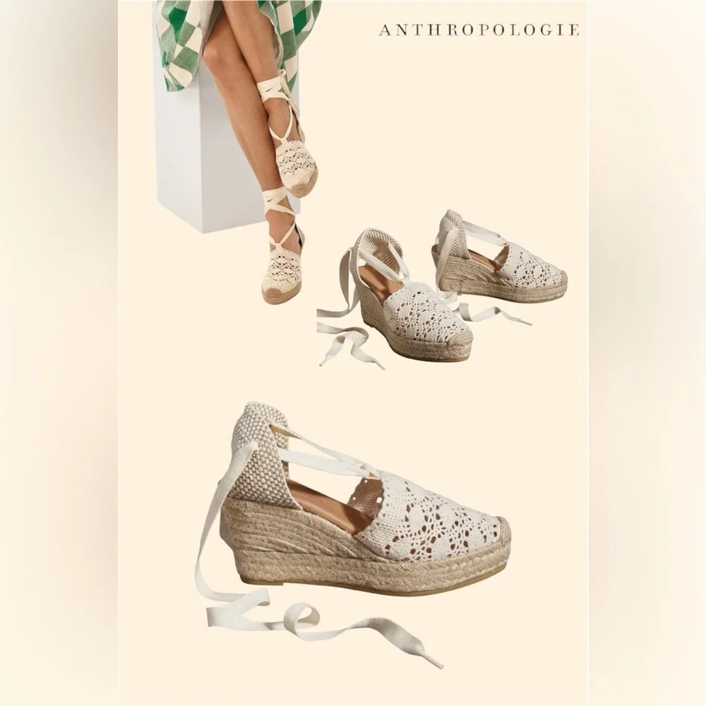 Anthropologie Emmylou Cream Crochet Lace-Up Wedge Espadrilles